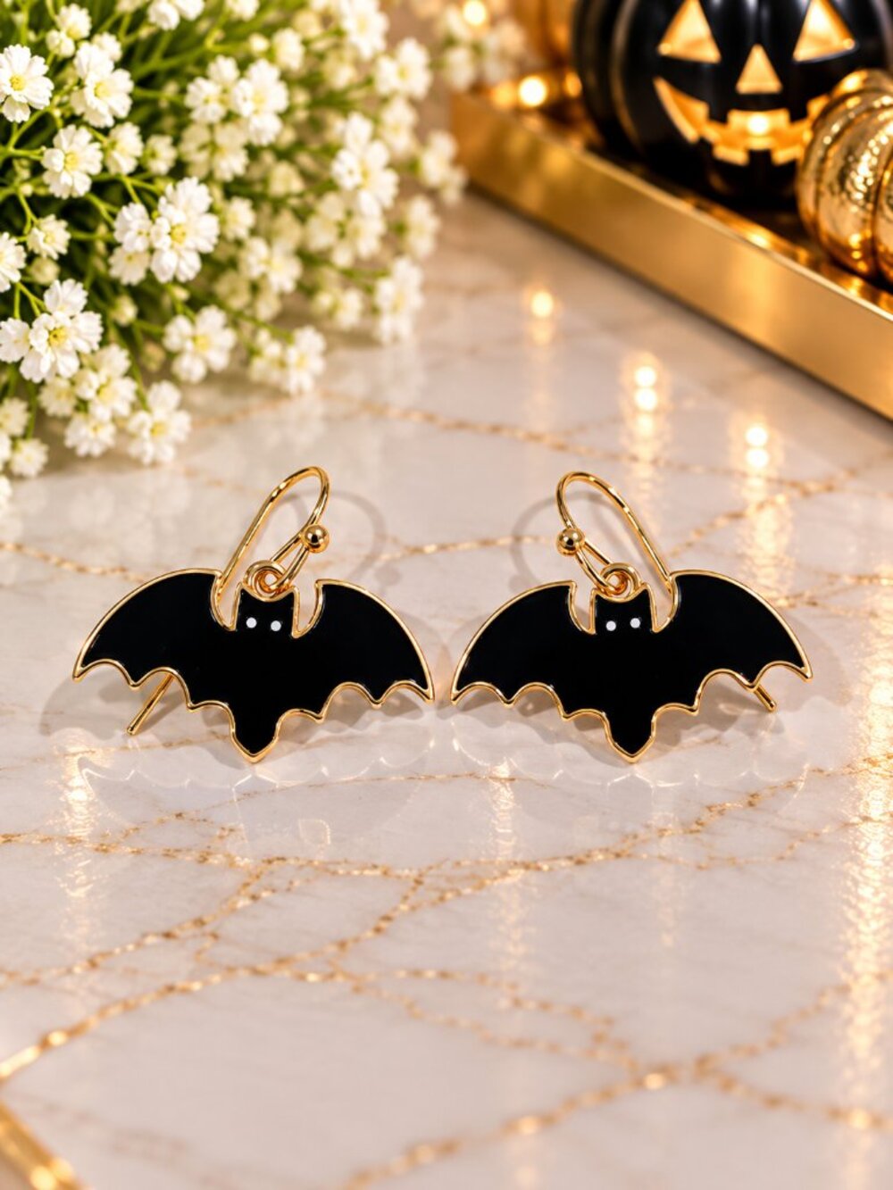 Black Bat Dangle Earrings Gold Tone Halloween Gothic Statement Fashion Jewelry